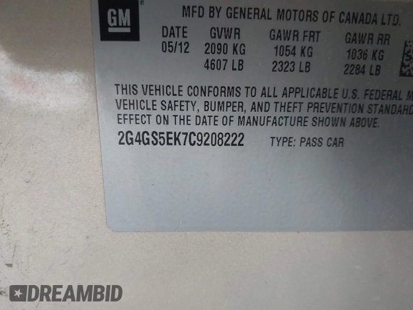 2012 Buick Regal Premium 1 with VIN 2G4GS5EK7C9208222, listed as a IAAI auction lot 42298107 with 154,761 mi miles and . Bid and sale history available at DreamBid. Image 9.