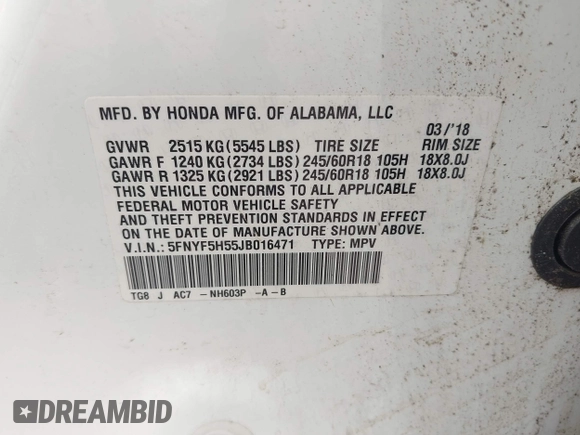 2018 Honda Pilot EX-L with VIN 5FNYF5H55JB016471, listed as a IAAI auction lot 42397519 with 102,482 mi miles and . Bid and sale history available at DreamBid. Image 9.