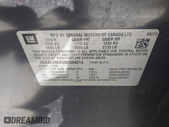2013 GMC Terrain SLE with VIN 2GKALMEK9D6384214, listed as a IAAI auction lot 41825159 with 170,376 mi miles. Bid and sale history available at carsss.com. Image 9.