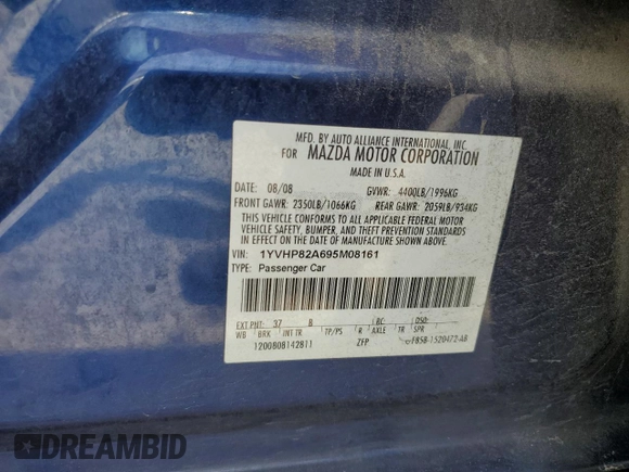 2009 Mazda 6 i Touring with VIN 1YVHP82A695M08161, listed as a Copart auction lot 53919555 with 229,995 mi miles and Salvage Title. Bid and sale history available at carsss.com. Image 12.
