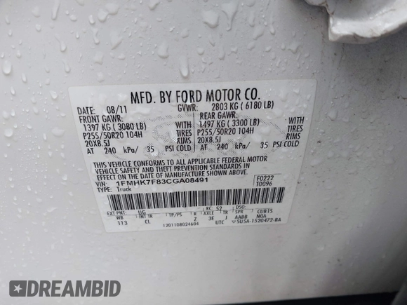 2012 Ford Explorer Limited with VIN 1FMHK7F83CGA08491, listed as a IAAI auction lot 42347510 with 140,657 mi miles and . Bid and sale history available at DreamBid. Image 9.