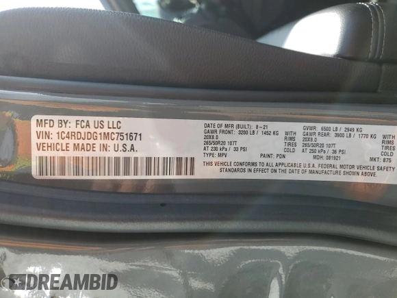 2021 Dodge Durango GT with VIN 1C4RDJDG1MC751671, listed as a Copart auction lot 55918625 with 49,208 mi miles and Salvage title. Bid and sale history available at DreamBid. Image 12.