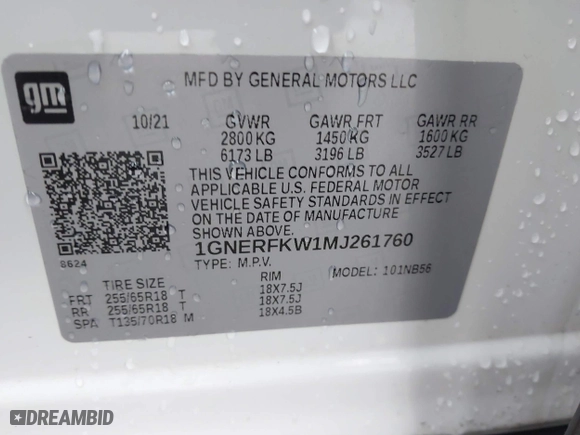 2021 Chevrolet Traverse LS with VIN 1GNERFKW1MJ261760, listed as a IAAI auction lot 41292945 with 73,537 mi miles. Bid and sale history available at carsss.com. Image 9.