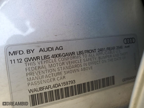 2013 Audi A4 Premium with VIN WAUBFAFL4DA159793, listed as a Copart auction lot 51822465 with 58,807 mi miles and Salvage Title. Bid and sale history available at carsss.com. Image 14.