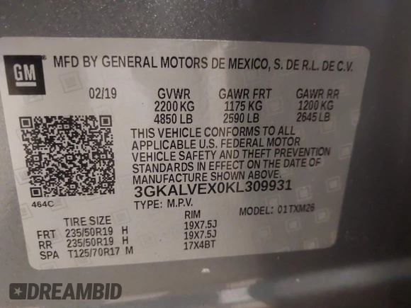 2019 GMC Terrain SLT with VIN 3GKALVEX0KL309931, listed as a IAAI auction lot 42053280 with 41,075 mi miles. Bid and sale history available at carsss.com. Image 9.
