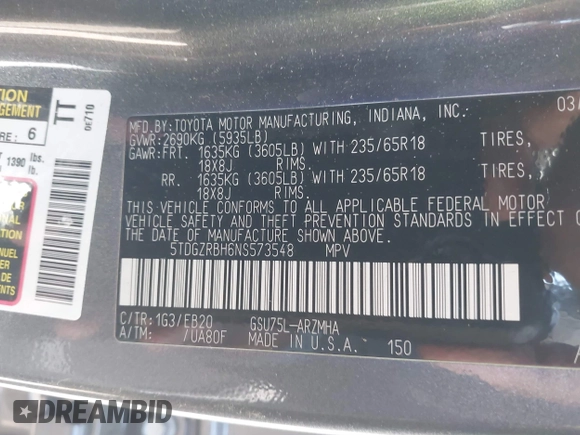 2022 Toyota Highlander XLE with VIN 5TDGZRBH6NS573548, listed as a IAAI auction lot 42398936 with 60,415 mi miles and . Bid and sale history available at DreamBid. Image 9.