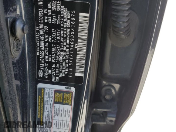 2013 Kia Sorento LX with VIN 5XYKTDA69DG316975, listed as a Copart auction lot 59743545 with 162,217 mi miles and Clean title. Bid and sale history available at DreamBid. Image 13.