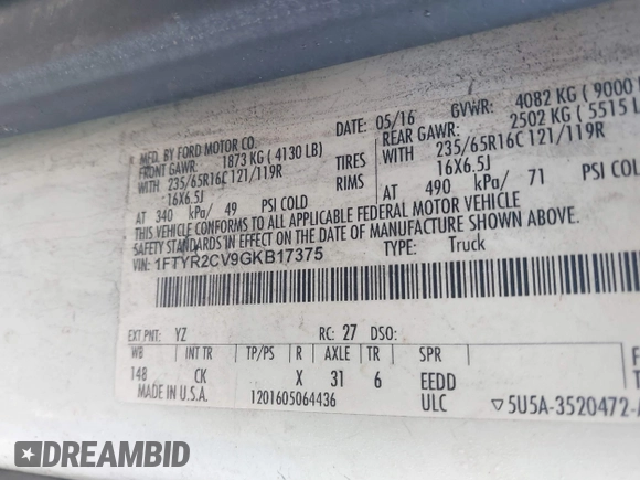 2016 Ford Transit с VIN 1FTYR2CV9GKB17375, выставлен на аукционе IAAI как лот 41748913 с пробегом 152 941 миль миль и . История ставок и продаж доступна на DreamBid. Изображение 9.