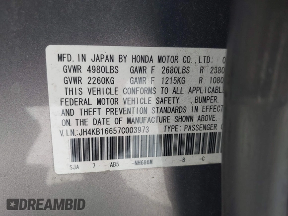 2007 Acura RL Tech Pkg with VIN JH4KB16657C003973, listed as a IAAI auction lot 41977488 with 81,712 mi miles. Bid and sale history available at carsss.com. Image 9.