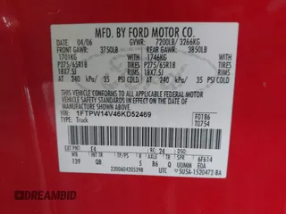 2006 Ford F-150 XLT z VIN 1FTPW14V46KD52469, wystawiony jako IAAI lot #42459509 z przebiegiem 204 039 mil mil oraz . Historia ofert i sprzedaży dostępna na DreamBid. Obrazek 9.