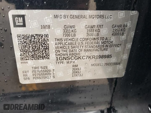 2019 Chevrolet Suburban LS z VIN 1GNSCGKC7KR198985, wystawiony jako Copart lot #42401795 z przebiegiem 220 912 mil mil oraz Szkoda całkowita • Salvage title. Historia ofert i sprzedaży dostępna na DreamBid. Obrazek 12.