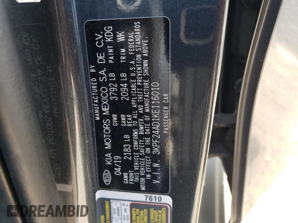 2019 Kia Forte LXS with VIN 3KPF24AD1KE116010, listed as a Copart auction lot 71815354 with 118,582 mi miles and Clean Title. Bid and sale history available at carsss.com. Image 12.