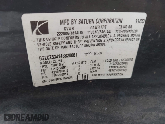 2004 Saturn VUE V6 with VIN 5GZCZ53414S820661, listed as a IAAI auction lot 42023074 with 176,339 mi miles. Bid and sale history available at carsss.com. Image 9.