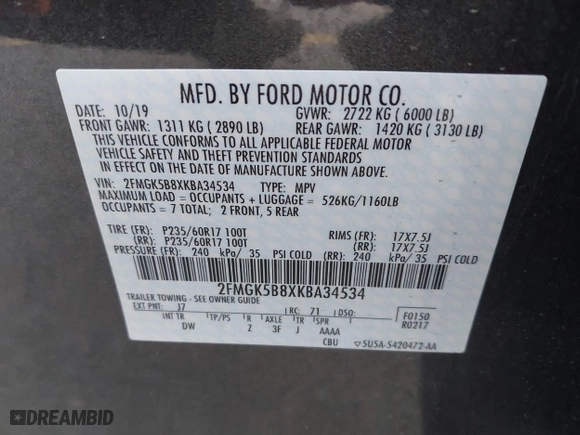2019 Ford Flex SE with VIN 2FMGK5B8XKBA34534, listed as a IAAI auction lot 41450501 with 66,564 mi miles. Bid and sale history available at carsss.com. Image 9.