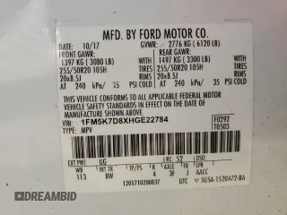 2017 Ford Explorer XLT with VIN 1FM5K7D8XHGE22784, listed as a Copart auction lot 83076714 with 98,852 mi miles and Salvage title. Bid and sale history available at DreamBid. Image 13.