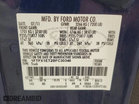 2011 Ford F-150 XL with VIN 1FTFX1ET2BFC30346, listed as a Copart auction lot 59801175 with 215,924 mi miles and Salvage title. Bid and sale history available at DreamBid. Image 12.