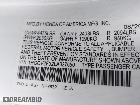 2020 Honda Accord Sport with VIN 1HGCV2F32LA027650, listed as a IAAI auction lot 42723709 with 48,289 mi miles and . Bid and sale history available at DreamBid. Image 9.