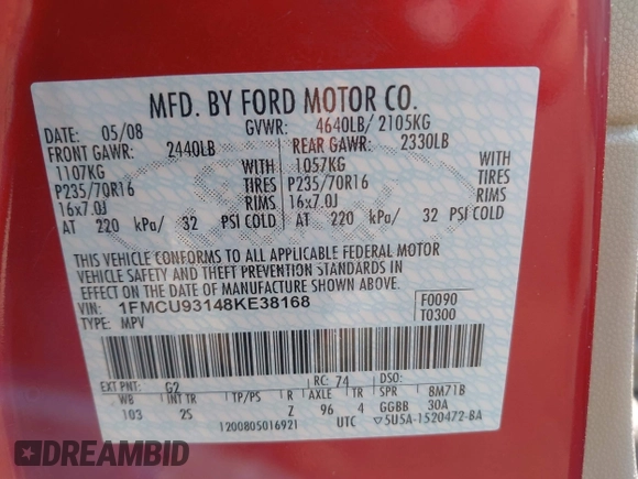 2008 Ford Escape XLT with VIN 1FMCU93148KE38168, listed as a IAAI auction lot 42437596 with 167,834 mi miles and . Bid and sale history available at DreamBid. Image 9.