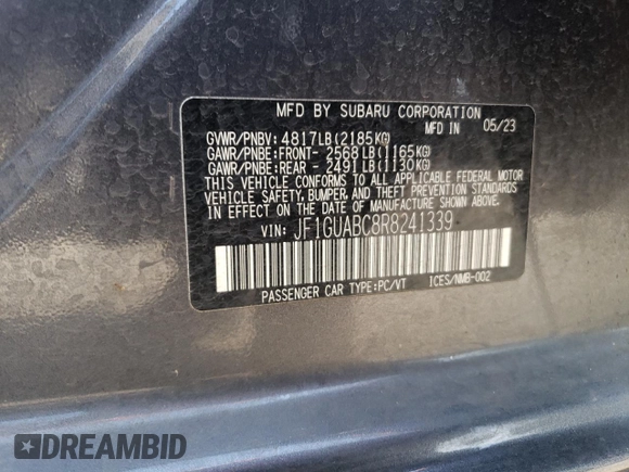 2024 Subaru Impreza with VIN JF1GUABC8R8241339, listed as a Copart auction lot 63307984 with 20,236 mi miles and Salvage Title. Bid and sale history available at carsss.com. Image 13.