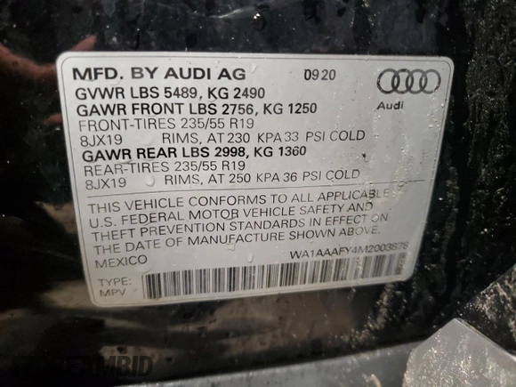 2021 Audi Q5 Premium with VIN WA1AAAFY4M2003878, listed as a Copart auction lot 47161085 with 42,627 mi miles and Salvage Title. Bid and sale history available at carsss.com. Image 13.