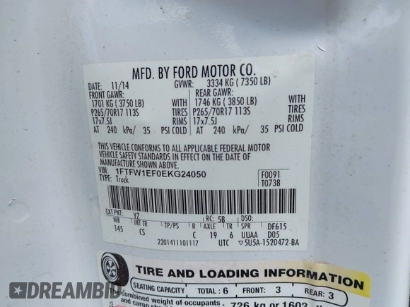 2014 Ford F-150 XL with VIN 1FTFW1EF0EKG24050, listed as a IAAI auction lot 42074584 with 129,448 mi miles and . Bid and sale history available at DreamBid. Image 9.