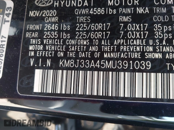 2021 Hyundai Tucson Value with VIN KM8J33A45MU391039, listed as a IAAI auction lot 42086825 with 16,910 mi miles. Bid and sale history available at carsss.com. Image 9.
