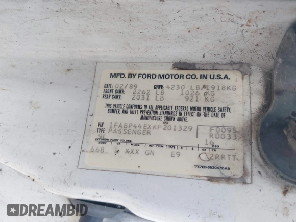 1989 Ford Mustang with VIN 1FABP44EXKF201329, listed as a IAAI auction lot 42536907 with 80,950 mi miles and . Bid and sale history available at DreamBid. Image 9.