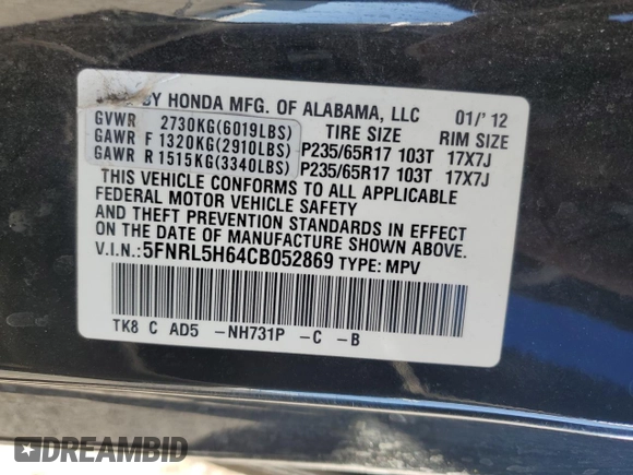 2012 Honda Odyssey EX-L with VIN 5FNRL5H64CB052869, listed as a Copart auction lot 47685375 with 168,449 mi miles and Salvage Title. Bid and sale history available at DreamBid. Image 13.