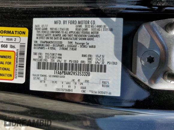 2017 Ford Mustang V6 with VIN 1FA6P8AM2H5353320, listed as a Copart auction lot 57713965 with 65,073 mi miles and Salvage title. Bid and sale history available at DreamBid. Image 13.