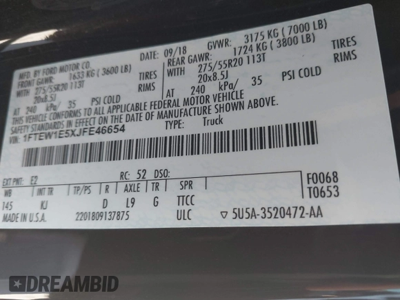 2018 Ford F-150 XL with VIN 1FTEW1E5XJFE46654, listed as a IAAI auction lot 41647966 with 93,397 mi miles. Bid and sale history available at carsss.com. Image 9.