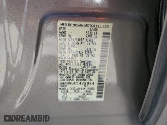 2007 Nissan Frontier SE with VIN 1N6AD09U47C428934, listed as a Copart auction lot 51522874 with 207,195 mi miles and Salvage title. Bid and sale history available at DreamBid. Image 12.