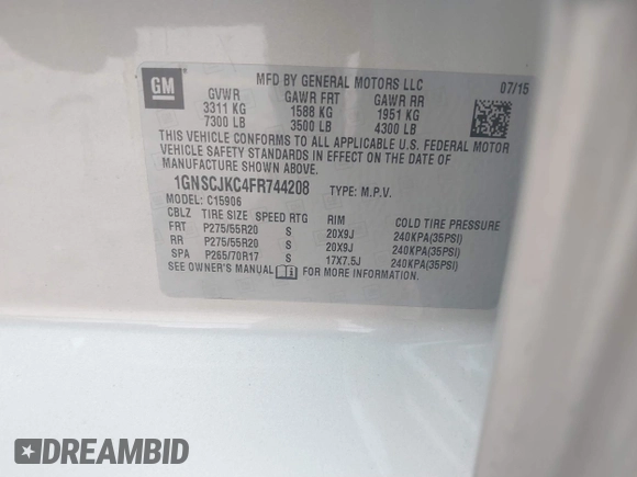 2015 Chevrolet Suburban LT with VIN 1GNSCJKC4FR744208, listed as a IAAI auction lot 41612915 with 87,445 mi miles and . Bid and sale history available at DreamBid. Image 9.