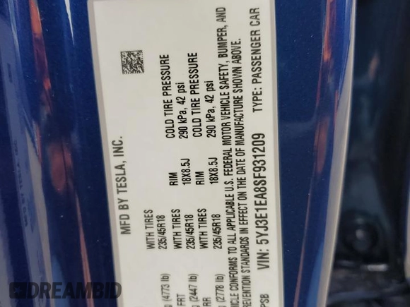 2025 Tesla Model 3 Long Range z VIN 5YJ3E1EA8SF931209, wystawiony jako Copart lot #60304875 z przebiegiem 9 123 mil mil oraz Szkoda całkowita • Salvage title. Historia ofert i sprzedaży dostępna na DreamBid. Obrazek 12.