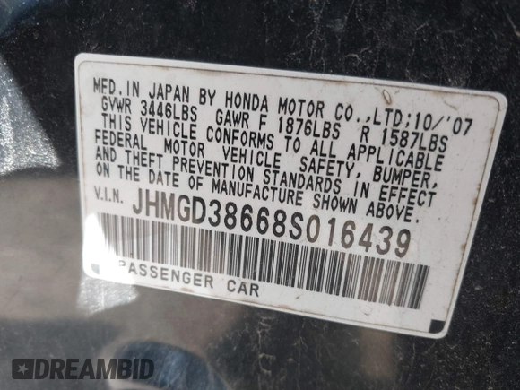 2008 Honda Fit Sport with VIN JHMGD38668S016439, listed as a IAAI auction lot 42052182 with 115,416 mi miles. Bid and sale history available at carsss.com. Image 9.