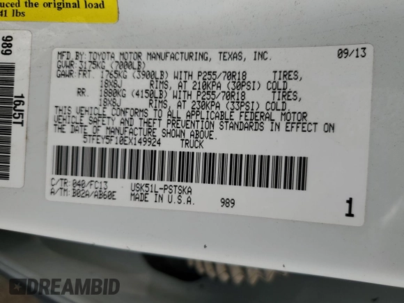2014 Toyota Tundra SR5 z VIN 5TFEY5F10EX149924, wystawiony jako Copart lot #80585844 z przebiegiem 115 597 mil mil oraz Szkoda całkowita • Salvage title. Historia ofert i sprzedaży dostępna na DreamBid. Obrazek 12.