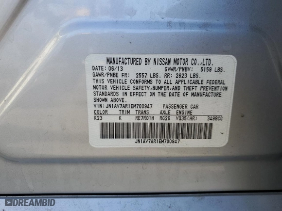 2014 Infiniti Q50 Hybrid Premium with VIN JN1AV7AR1EM700947, listed as a Copart auction lot 43024885 with 119,377 mi miles and Salvage Title. Bid and sale history available at carsss.com. Image 14.