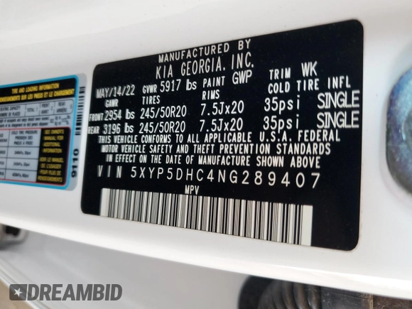 2022 Kia Telluride SX with VIN 5XYP5DHC4NG289407, listed as a Copart auction lot 52576465 with 27,139 mi miles and Salvage Title. Bid and sale history available at DreamBid. Image 14.