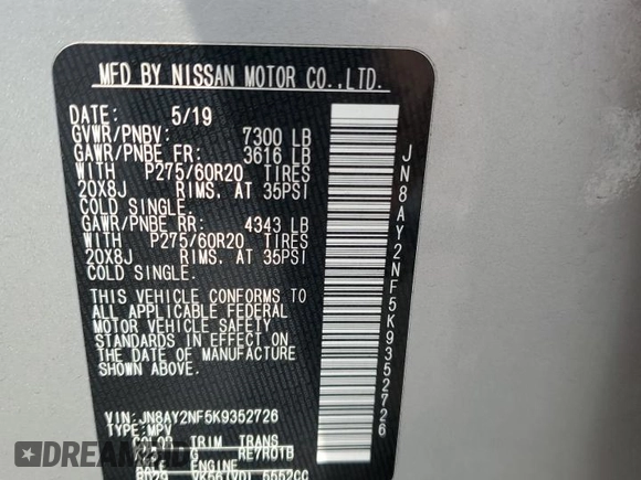 2019 Nissan Armada Platinum z VIN JN8AY2NF5K9352726, wystawiony jako Copart lot #58525505 z przebiegiem 85 383 mil mil oraz Szkoda całkowita • Salvage title. Historia ofert i sprzedaży dostępna na DreamBid. Obrazek 14.