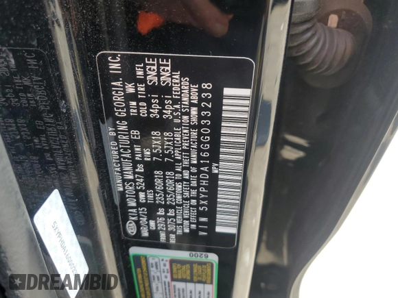 2016 Kia Sorento EX with VIN 5XYPHDA16GG033238, listed as a Copart auction lot 60362415 with 121,220 mi miles and Salvage title. Bid and sale history available at DreamBid. Image 13.