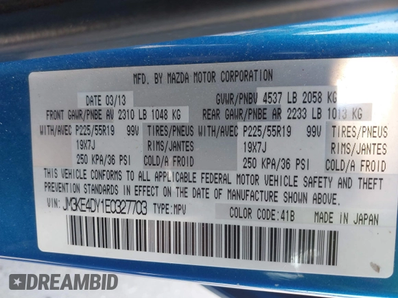 2014 Mazda CX-5 Grand Touring with VIN JM3KE4DY1E0327703, listed as a IAAI auction lot 41755735 with 206,845 mi miles. Bid and sale history available at carsss.com. Image 9.