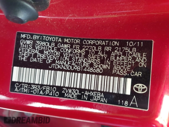 2011 Toyota Prius I with VIN JTDKN3DU9B1448680, listed as a IAAI auction lot 42212928 with 157,250 mi miles and . Bid and sale history available at DreamBid. Image 9.