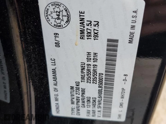 2020 Honda Odyssey Touring with VIN 5FNRL6H88LB500070, listed as a Copart auction lot 81352524 with 64,444 mi miles and Salvage Title. Bid and sale history available at DreamBid. Image 13.