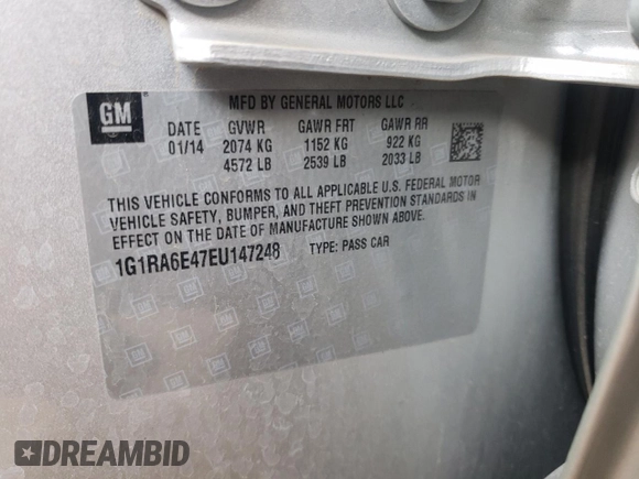 2014 Chevrolet Volt with VIN 1G1RA6E47EU147248, listed as a Copart auction lot 53708075 with 84,362 mi miles and Salvage Title. Bid and sale history available at DreamBid. Image 12.