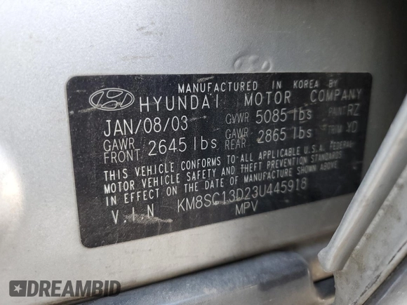 2003 Hyundai Santa Fe GLS with VIN KM8SC13D23U445918, listed as a Copart auction lot 87289664 with 201,459 mi miles and Salvage Title. Bid and sale history available at carsss.com. Image 15.