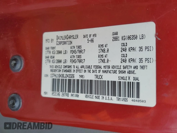 2006 Dodge 1500 SLT with VIN 1D7HU16N36J243326, listed as a Copart auction lot 83089834 with 142,078 mi miles and Salvage Title. Bid and sale history available at DreamBid. Image 14.