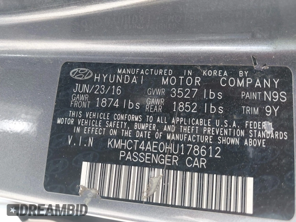 2017 Hyundai Accent SE with VIN KMHCT4AE0HU178612, listed as a IAAI auction lot 41995222 with 110,802 mi miles. Bid and sale history available at carsss.com. Image 9.