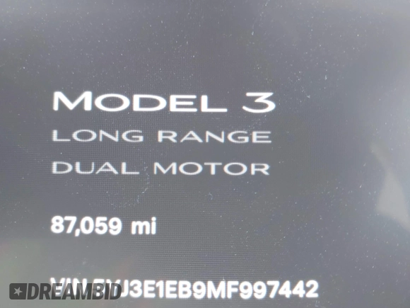 2021 Tesla Model 3 Long Range with VIN 5YJ3E1EB9MF997442, listed as a IAAI auction lot 41759875 with 87,059 mi miles. Bid and sale history available at carsss.com. Image 7.