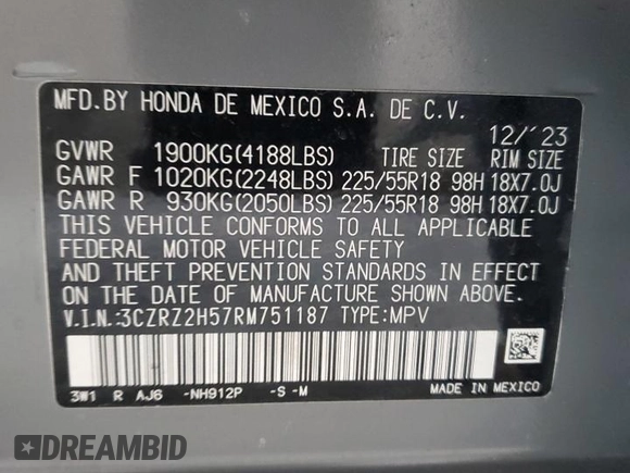 2024 Honda HR-V Sport with VIN 3CZRZ2H57RM751187, listed as a Copart auction lot 46544085 with 15,500 mi miles and Salvage Title. Bid and sale history available at DreamBid. Image 12.