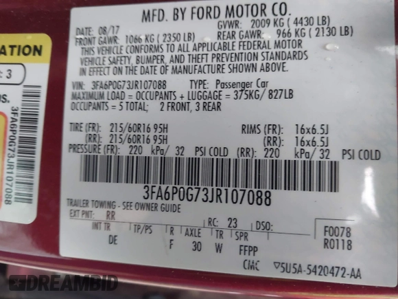 2018 Ford Fusion S with VIN 3FA6P0G73JR107088, listed as a IAAI auction lot 41532008 with 146,948 mi miles. Bid and sale history available at carsss.com. Image 9.