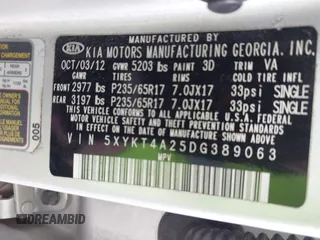 2013 Kia Sorento LX with VIN 5XYKT4A25DG389063, listed as a IAAI auction lot 41581301 with 167,726 mi miles. Bid and sale history available at carsss.com. Image 9.